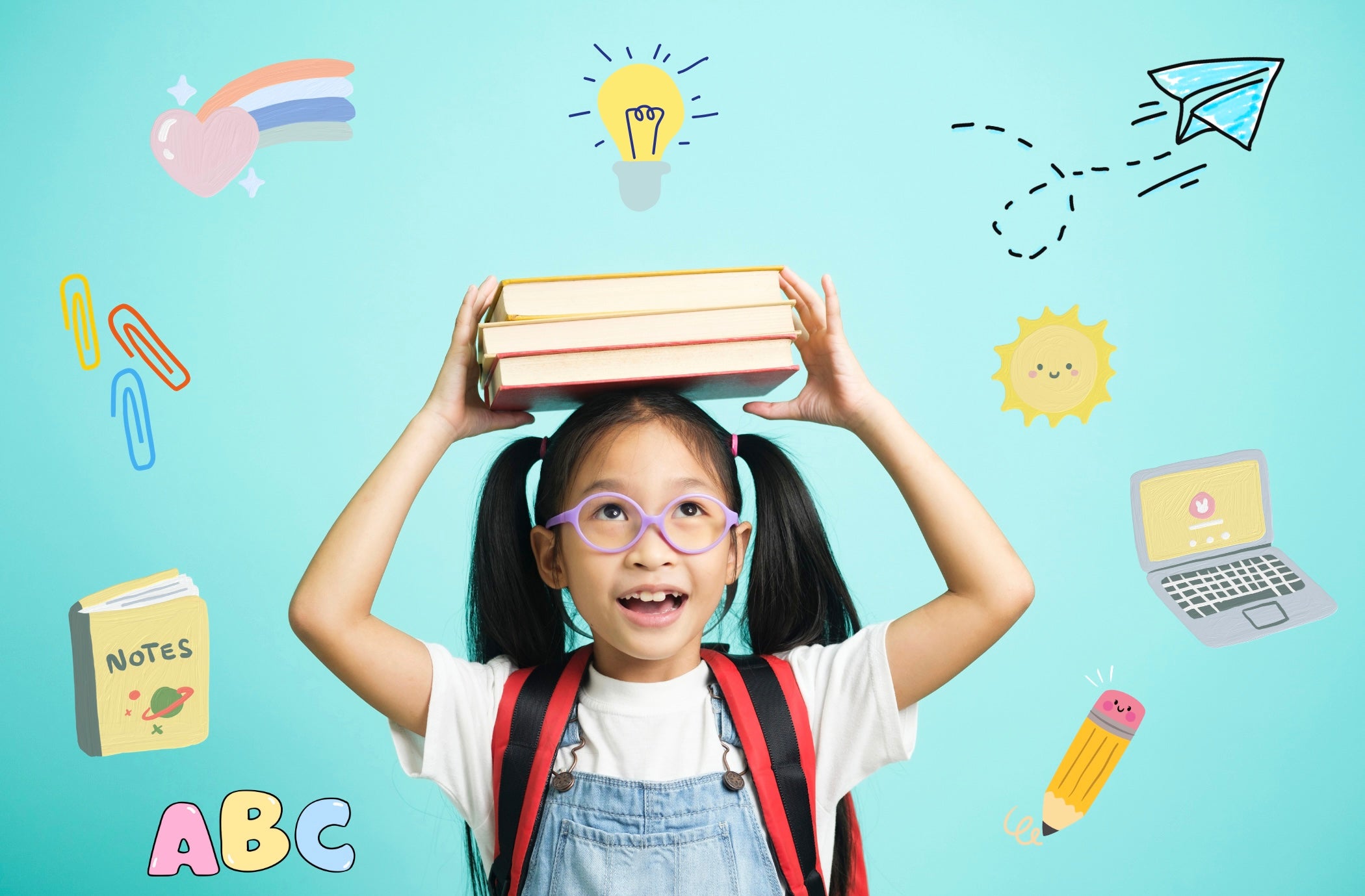 Child with books on head against a colorful educational background