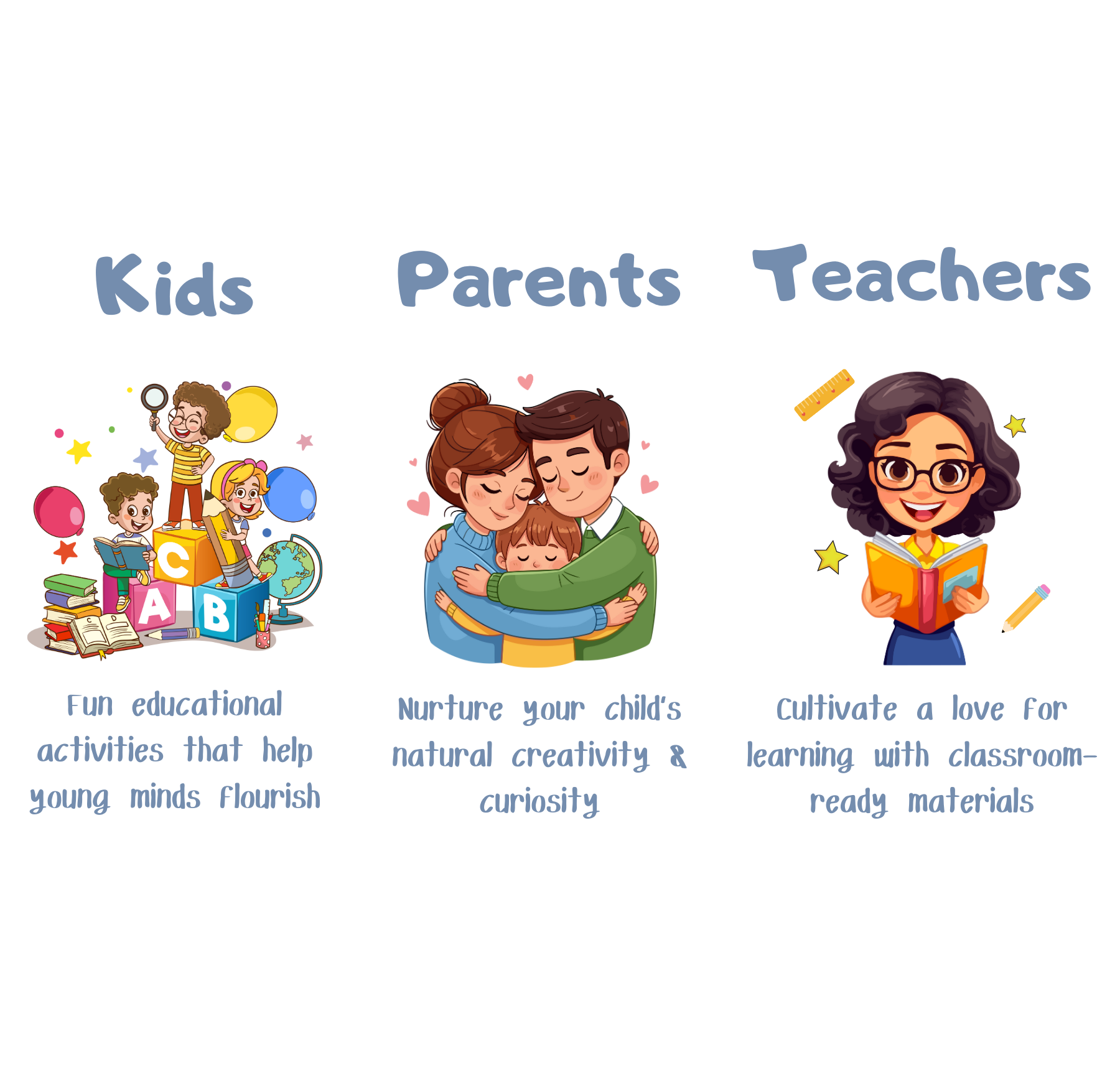 Illustrations of kids, parents, and teachers with educational elements on a white background.